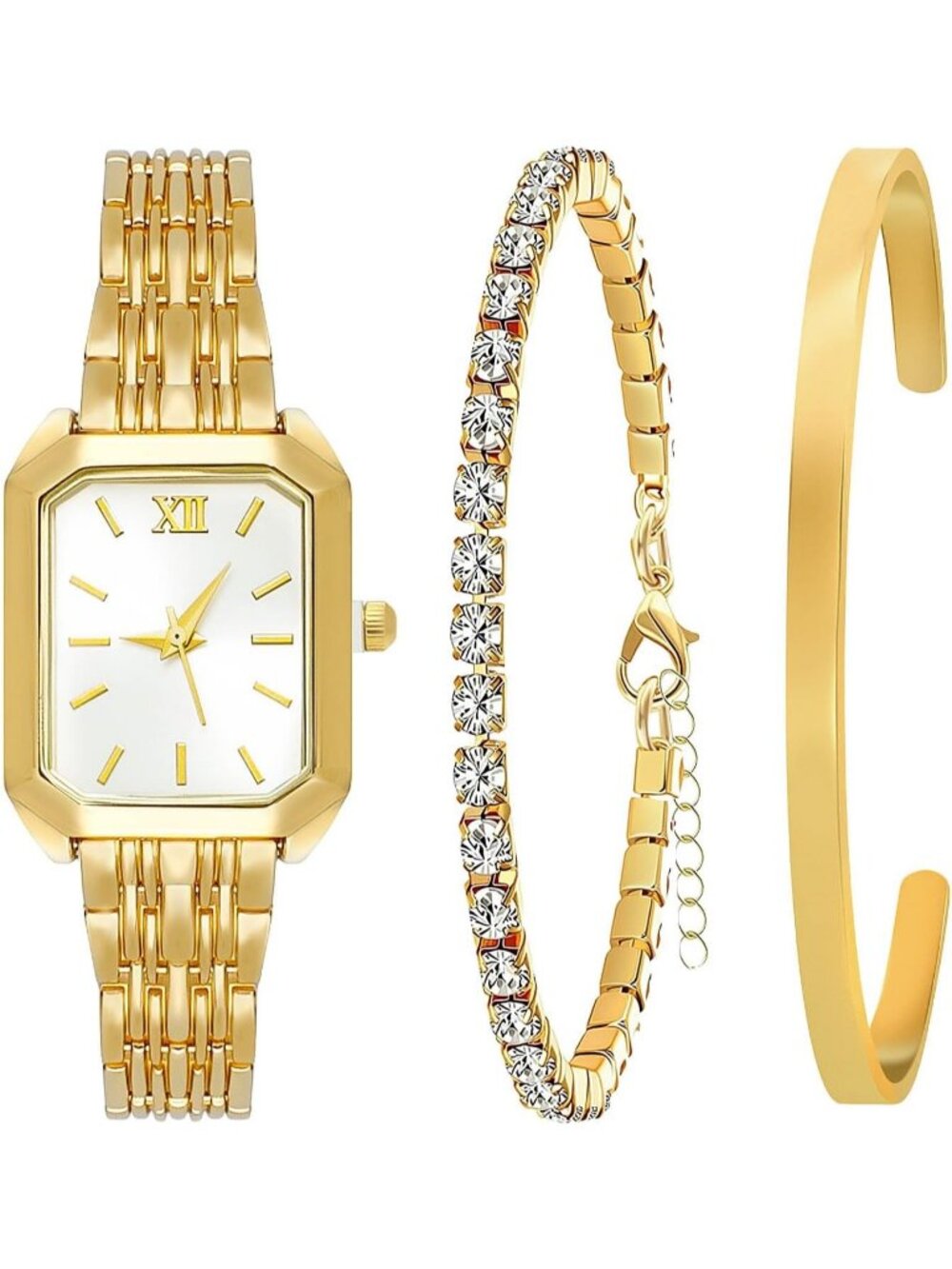 Women's Gold Stainless Steel Gold Plated Square Bangle Bracelet Set Wrist Watch